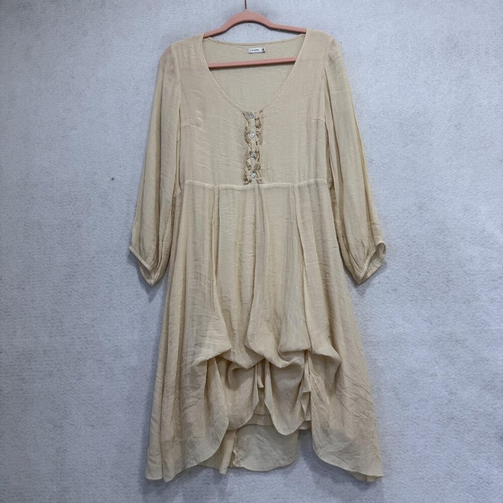 Kaffe Dress Womens 38 Beige Scoop Neck 3/4 Sleeve HiLow Boho Trapeze Swing Tunic